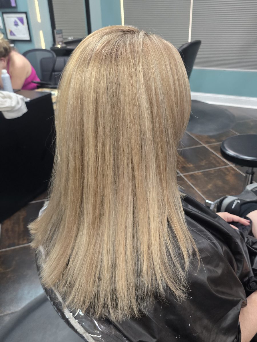 Back view of long blonde hair with soft layers and platinum highlights by Kristan Sayers at K Bella Hair Studio & Spa in Brighton, MI
