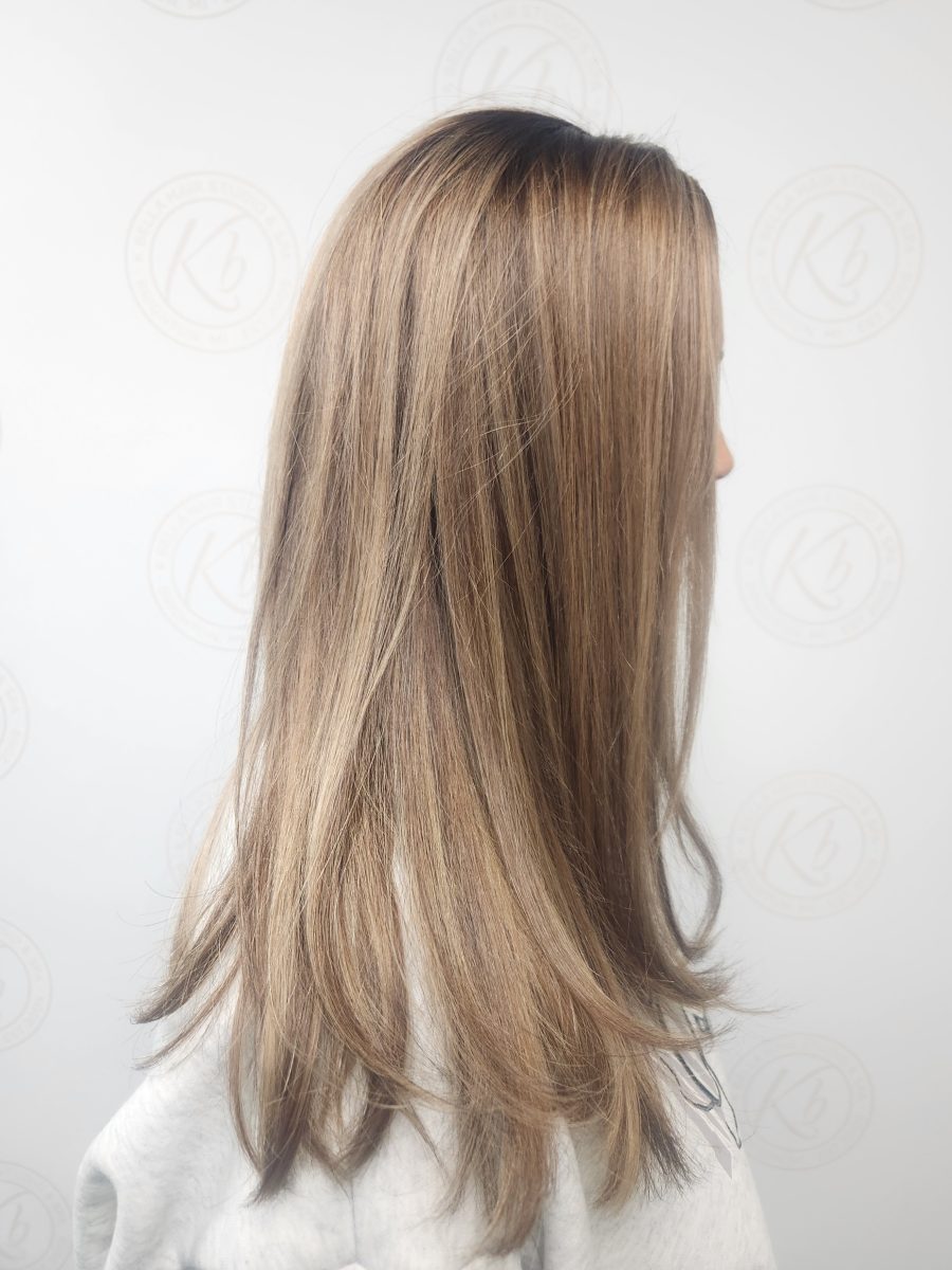Sun-kissed balayage highlights by Siobhan Rozinski at K Bella Hair Studio in Brighton, MI - after transformation