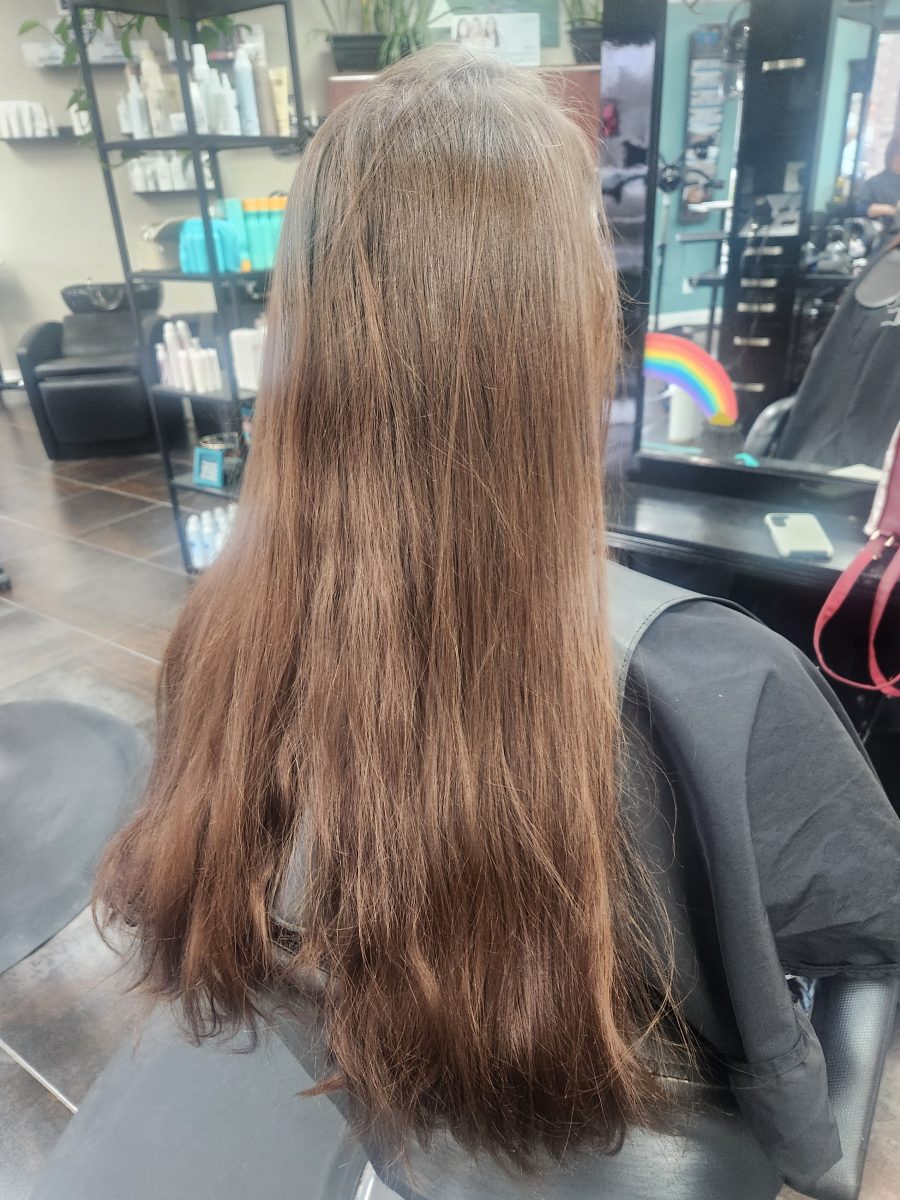 Vivid maroon balayage and big chop before treatment by Siobhan Rozinski at K Bella Hair Studio in Brighton, MI