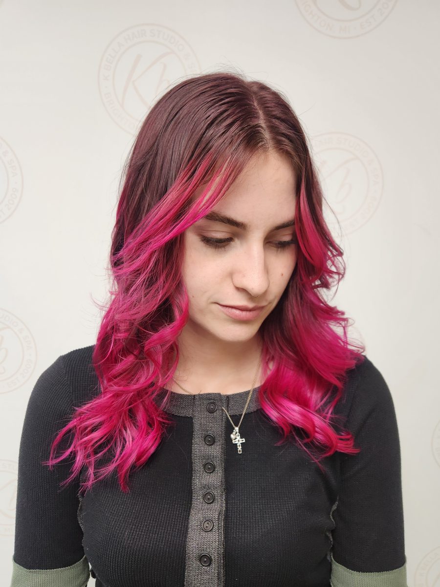 Sun-kissed balayage highlights accented with vivid color by Siobhan Rozinski at K Bella Hair Studio in Brighton, MI - after transformation