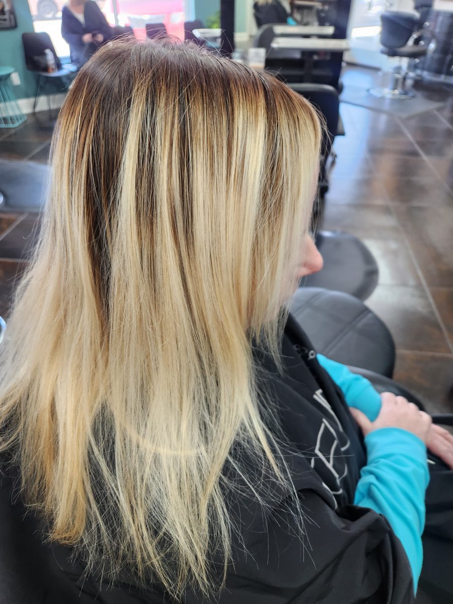 Balayage/ombre/cut before treatment by Siobhan Rozinski at K Bella Hair Studio in Brighton, MI