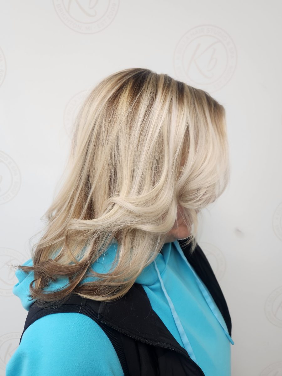 Sun-kissed balayage highlights with a fresh cut by Siobhan Rozinski at K Bella Hair Studio in Brighton, MI - after transformation