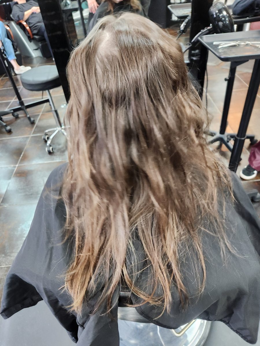 Rear view of mid-length hair with wavy texture and neutral-brown base color by Siobhan Rozinski at K Bella Hair Studio & Spa in Brighton, MI