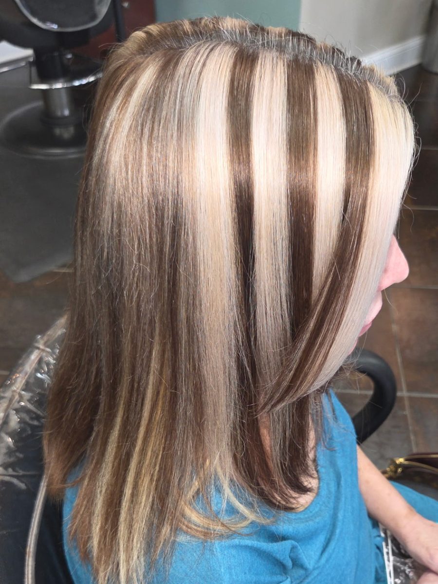 Back view of shoulder-length hair with prominent brassy highlights and darker base color by Siobhan Rozinski at K Bella Hair Studio & Spa in Brighton, MI