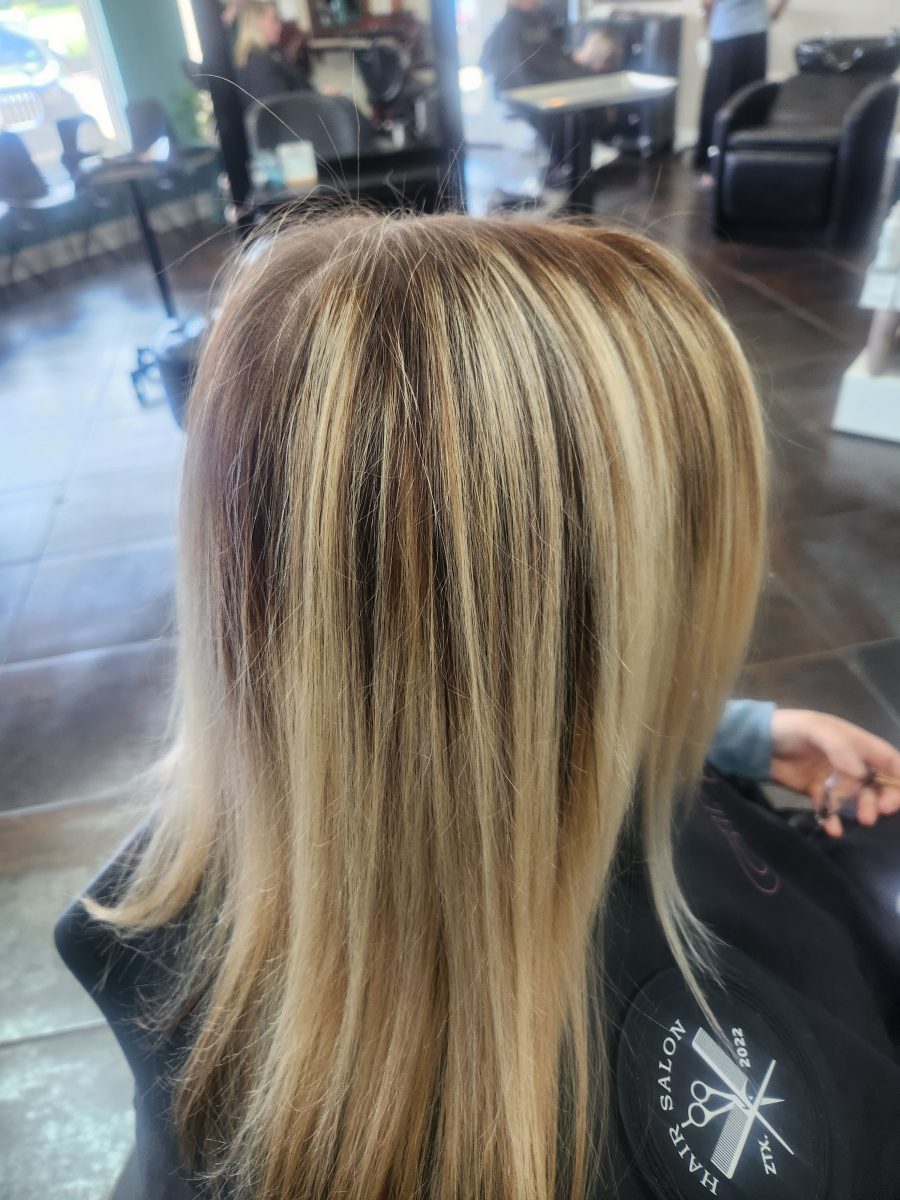 Rooty balayage refresh & cut before treatment by Siobhan Rozinski at K Bella Hair Studio & Spa in Brighton, MI