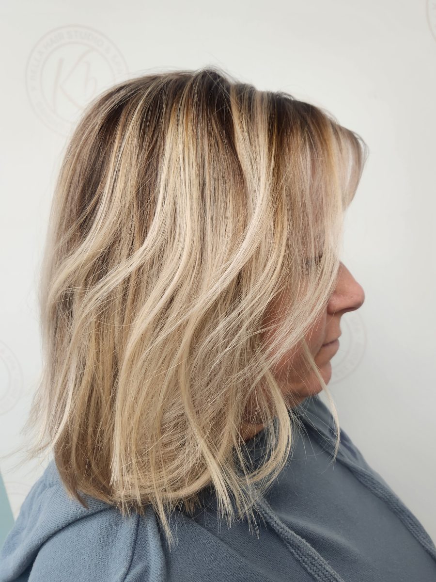 Sun-kissed balayage highlights with fresh root touch-up by Siobhan Rozinski at K Bella Hair Studio & Spa in Brighton, MI - after transformation