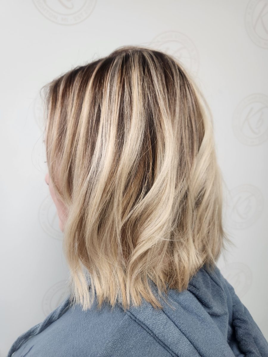 Sun-kissed balayage highlights with fresh root touch-up by Siobhan Rozinski at K Bella Hair Studio & Spa in Brighton, MI - after transformation