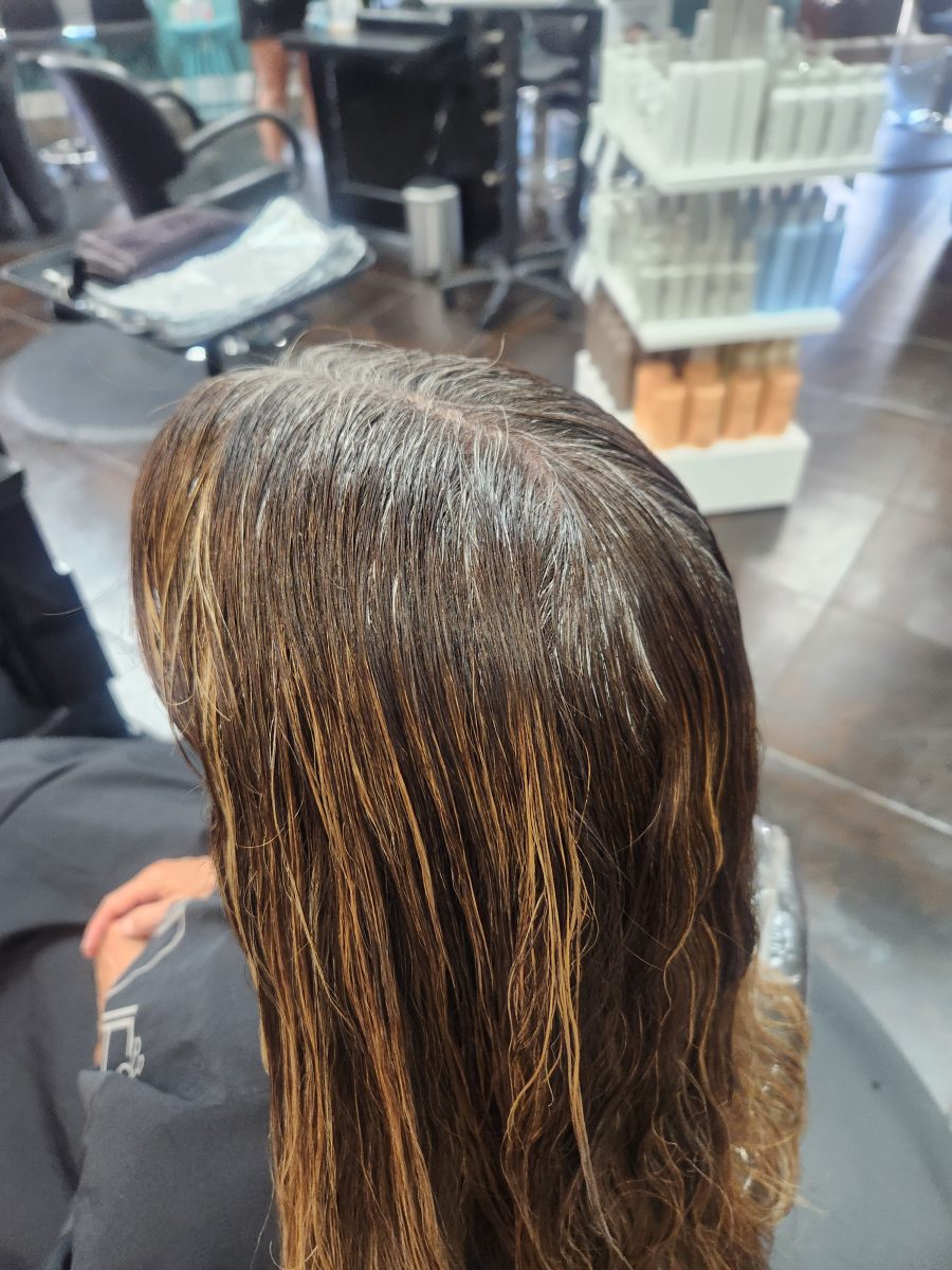 Gray blending root & haircut before treatment by Siobhan Rozinski at K Bella Hair Studio & Spa in Brighton, MI