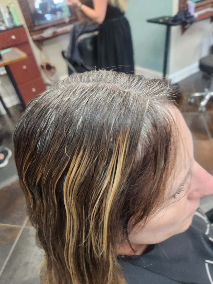 Gray blending root & haircut before treatment by Siobhan Rozinski at K Bella Hair Studio & Spa in Brighton, MI