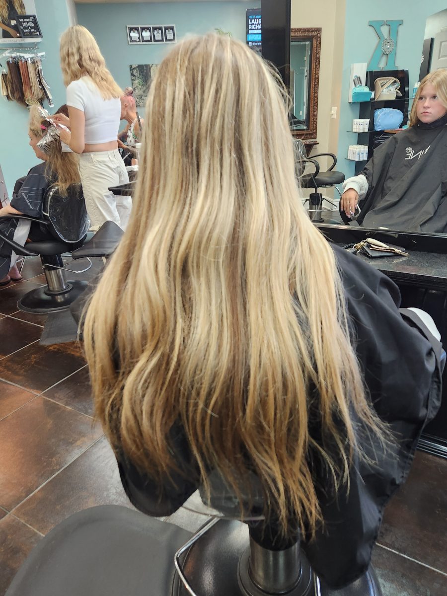 Long blonde hair with muted tones, back view from shoulders down, in salon by Siobhan Rozinski at K Bella Hair Studio & Spa in Brighton, MI