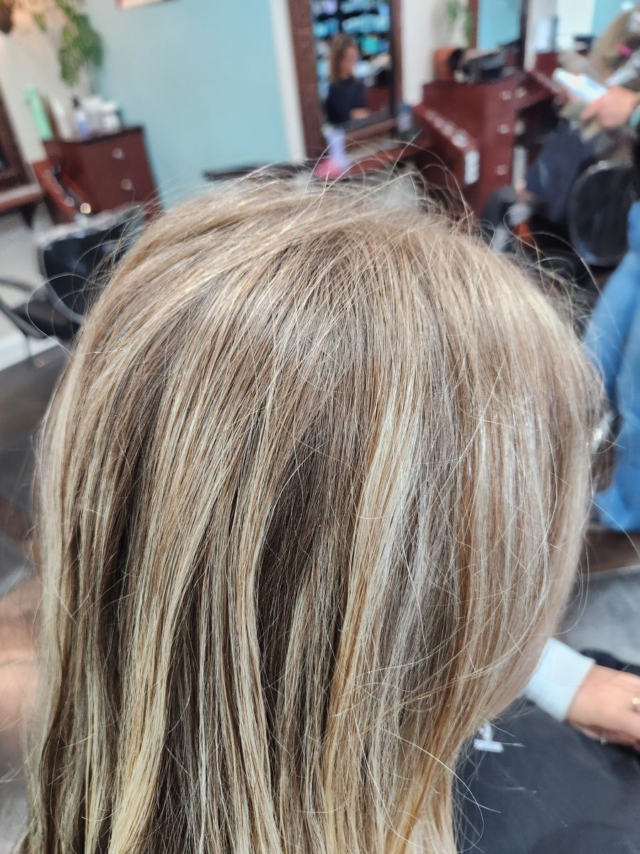 Close-up of back of head with blonde hair showing muted dimension, in salon by Siobhan Rozinski at K Bella Hair Studio & Spa in Brighton, MI