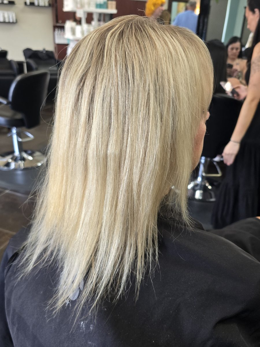 Before: Dimensional highlights and lowlights with seamless extensions by Kristan Sayers at K Bella Hair Studio & Spa in Brighton, MI - after transformation