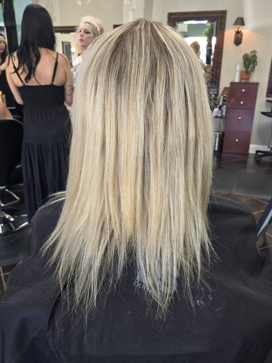 Still want to go heavy highlights in a platinum blonde with a full head of fusion or classic bonds extensions before treatment by Kristan Sayers at K Bella Hair Studio & Spa in Brighton, MI