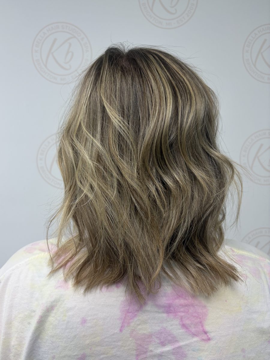 Dimensional highlights and lowlights with a fresh cut by Abbey French at K Bella Hair Studio & Spa in Brighton, MI