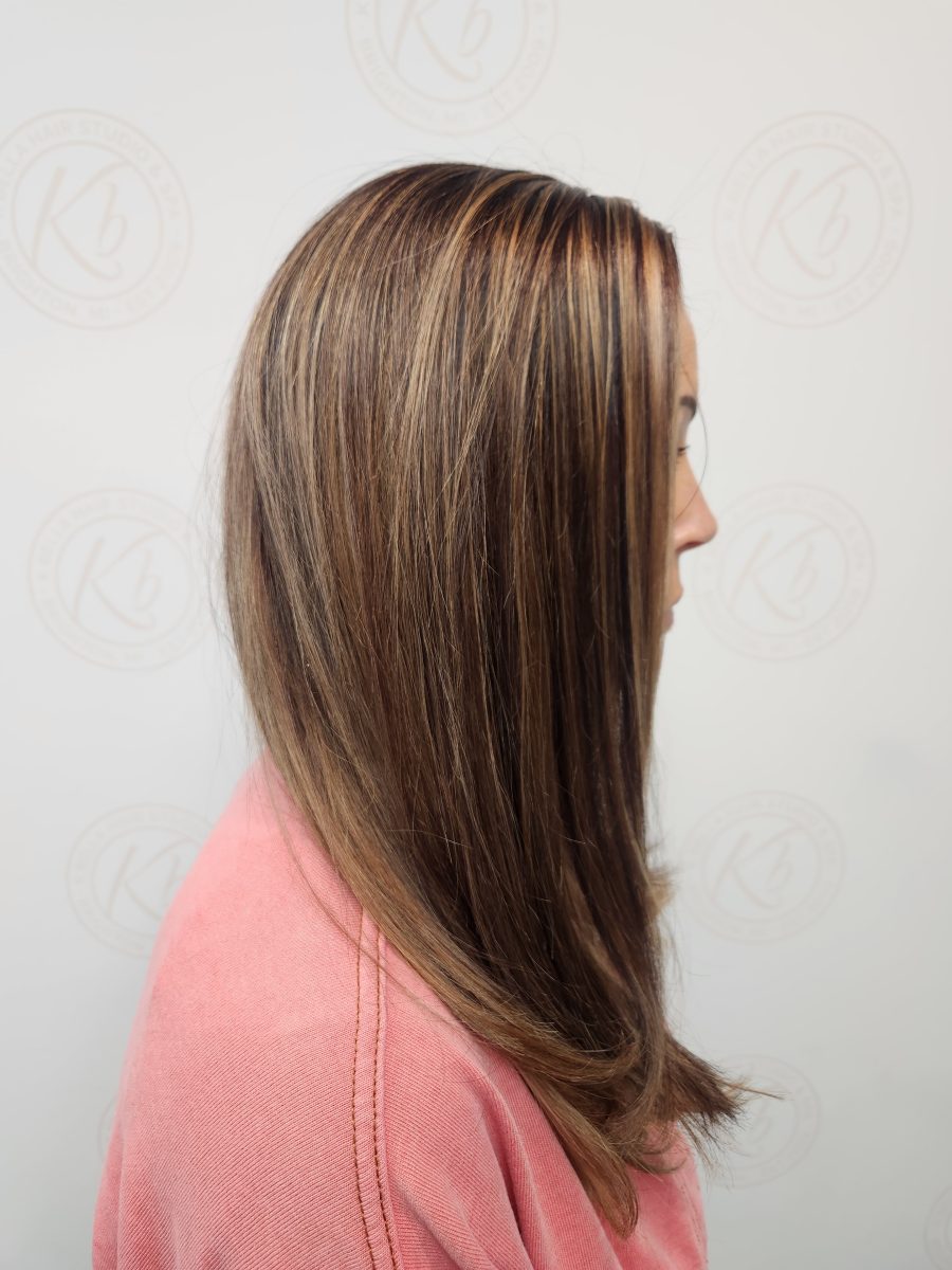 Sun-kissed balayage highlights by Siobhan Rozinski at K Bella Hair Studio & Spa in Brighton, MI - after transformation