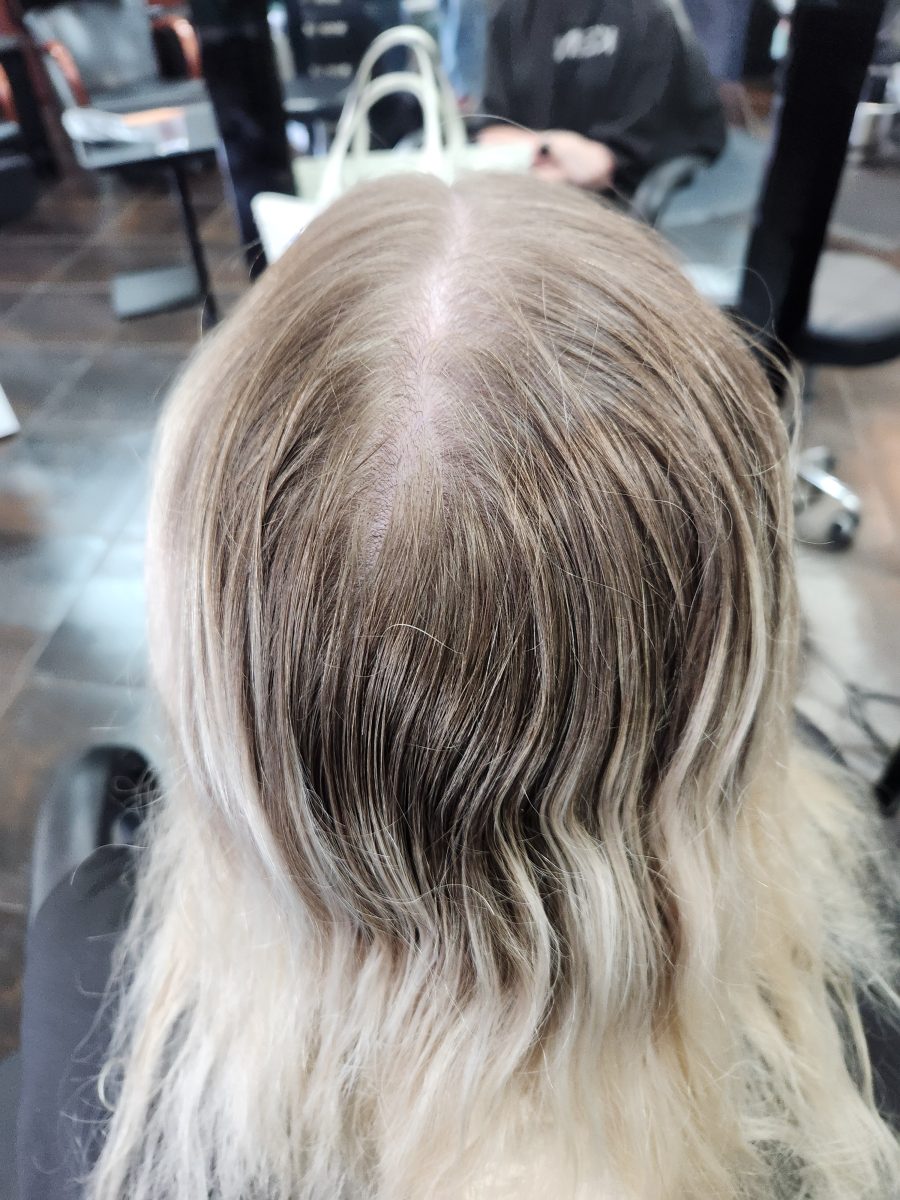 Platinum balayage w/smokey shadow root & cut before treatment by Siobhan Rozinski at K Bella Hair Studio & Spa in Brighton, MI