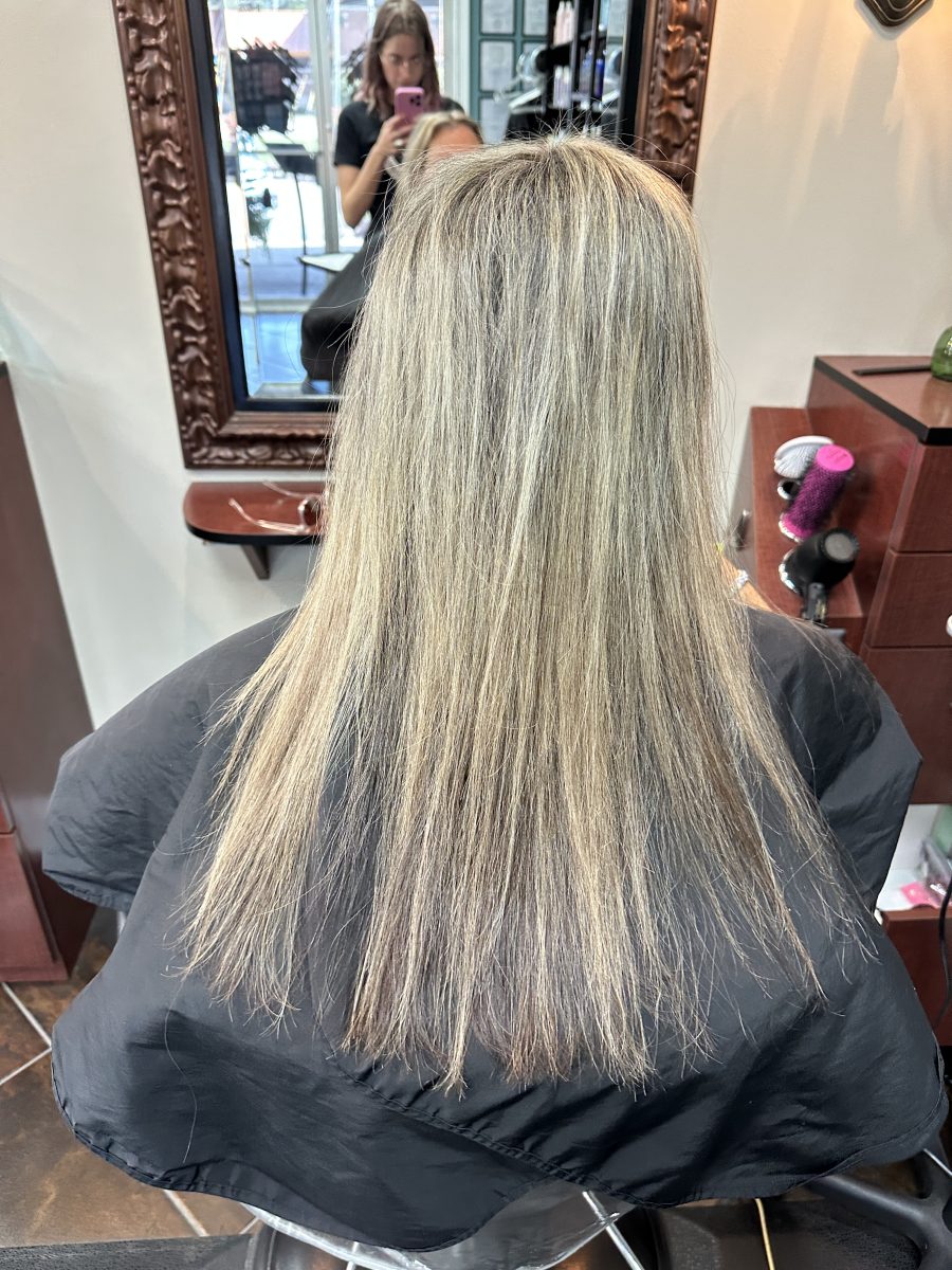 Back view of shoulder-length straight gray and blonde hair before extension installation by Liberty Greenwood at K Bella Hair Studio & Spa in Brighton, MI