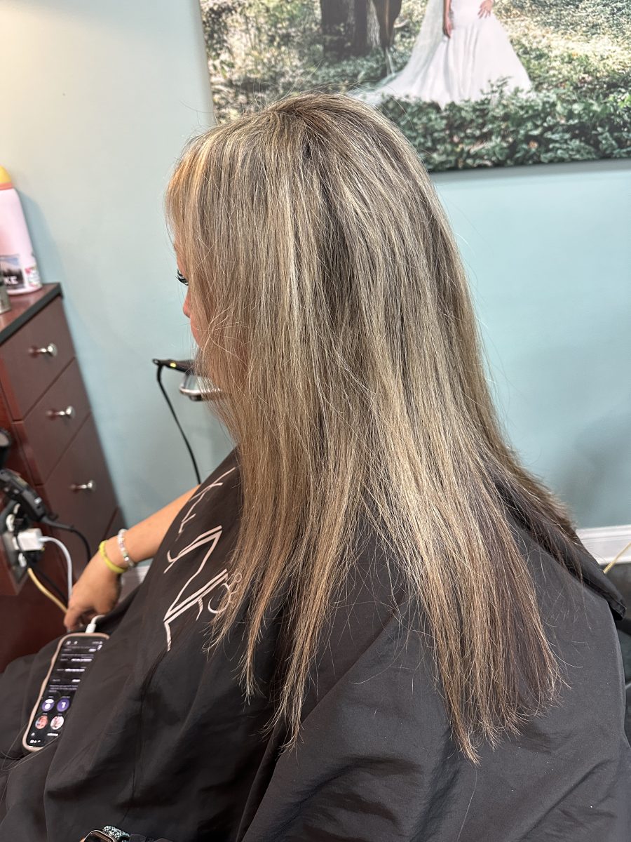 Keratin tip extension install, two rows in two different colors, dimensional and seamless blend before treatment by Liberty Greenwood at K Bella Hair Studio & Spa in Brighton, MI
