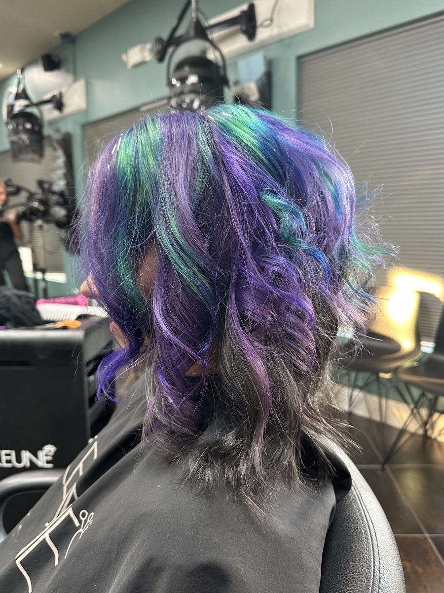 Custom Partial vivid application, split dye with peacock colored prisms accented with vivid color by Liberty Greenwood at K Bella Hair Studio & Spa in Brighton, MI - after transformation