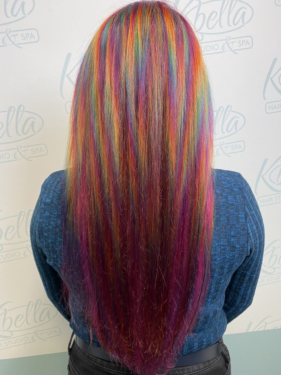 Vivid fashion hair color with rich custom color by Rochelle Morris at K Bella Hair Studio in Brighton, MI