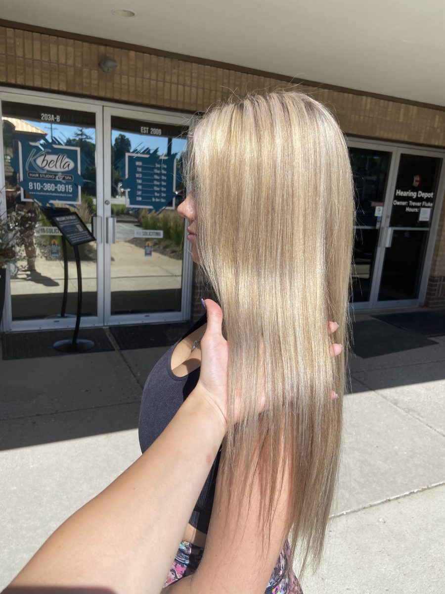 Dimensional highlights and lowlights by Kameryn Bell at K Bella Hair Studio in Brighton, MI - after transformation