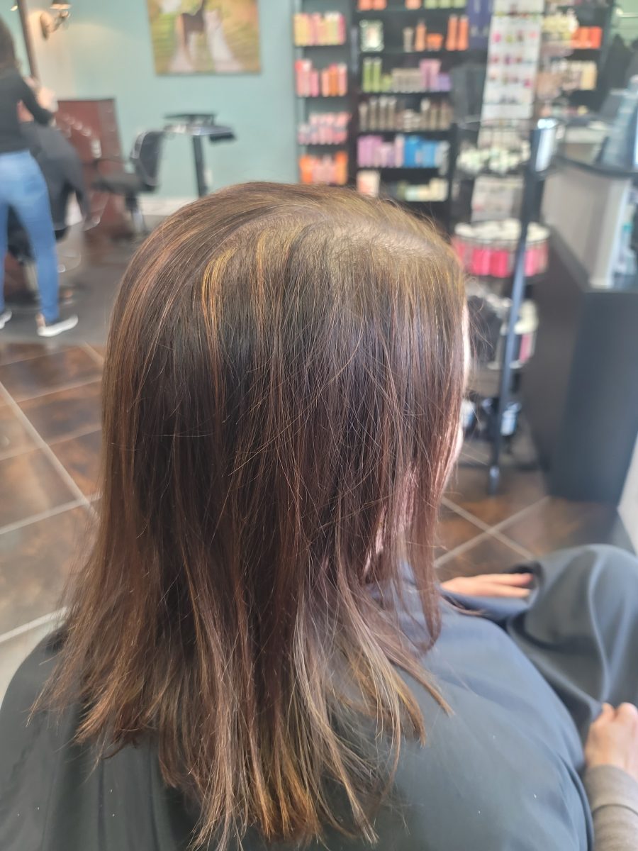 Before and After Topper Hair Replacement before treatment by certified cranial prosthesis specialist Kristan Sayers at K Bella Hair Studio in Brighton, MI