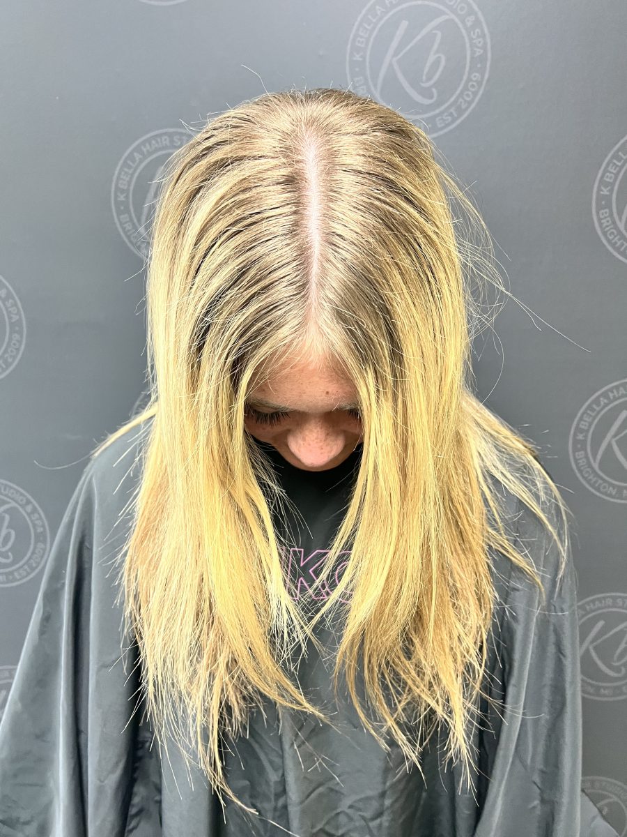 Full Head highlight & Bellami Weft before treatment by Raelynn Haan at K Bella Hair Studio in Brighton, MI