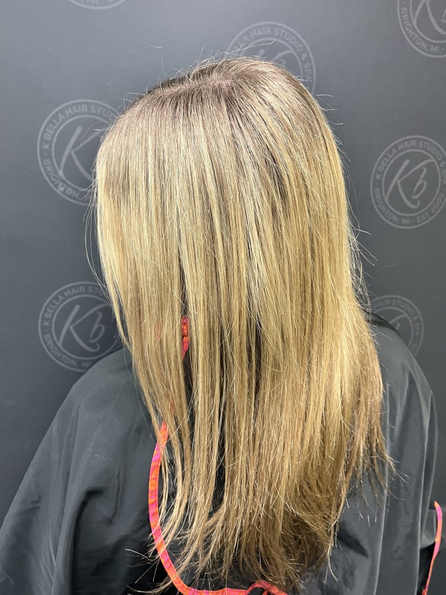 Full Head highlight & Bellami Weft before treatment by Raelynn Haan at K Bella Hair Studio in Brighton, MI