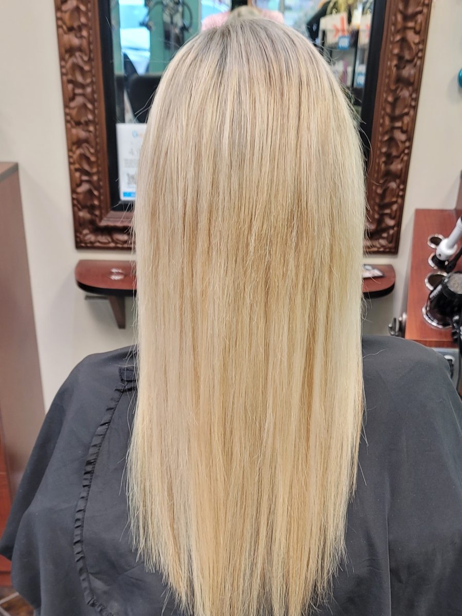 Dimensional highlights and lowlights with seamless extensions by Kristan Sayers at K Bella Hair Studio in Brighton, MI - after transformation