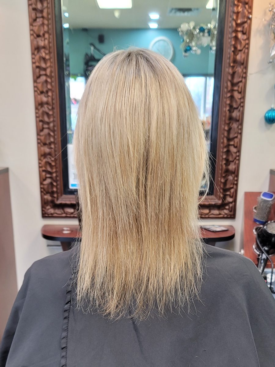Rustena Hair Extensions Classic Bond w/ Heavy Blonde highlight before treatment by Kristan Sayers at K Bella Hair Studio in Brighton, MI