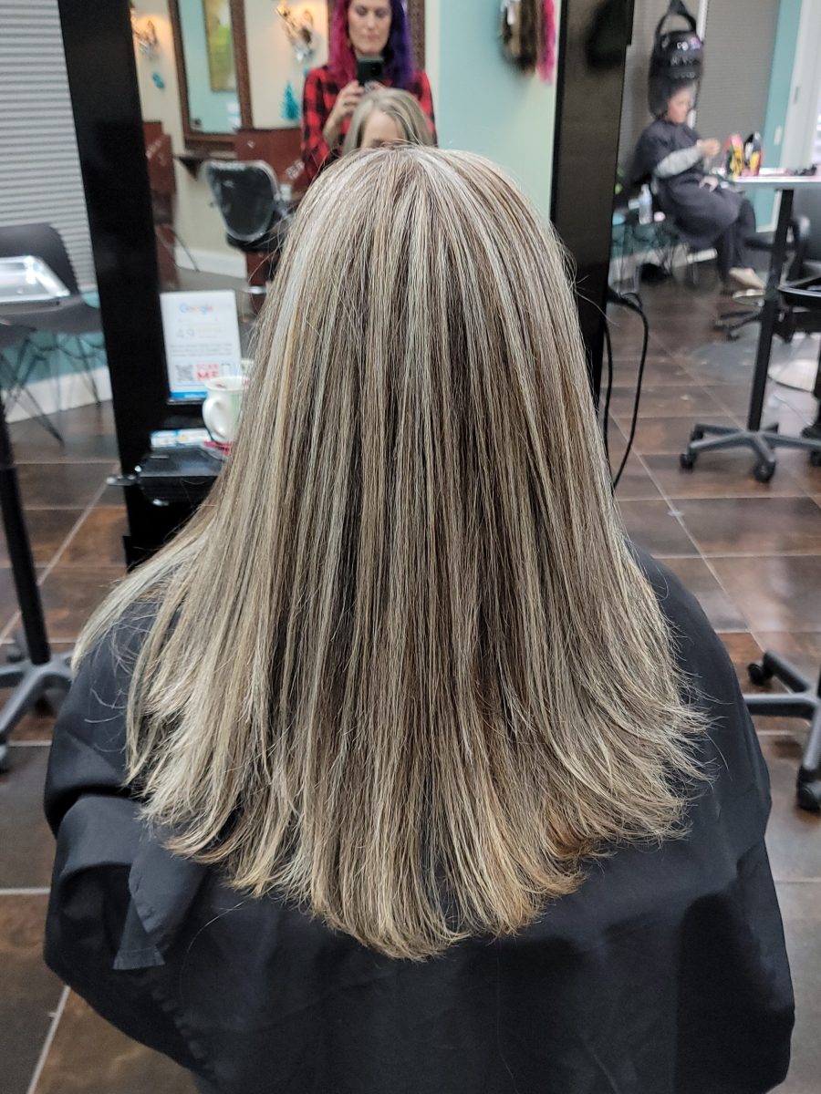 Dimensional highlights and lowlights with a fresh cut by Kristan Sayers at K Bella Hair Studio in Brighton, MI