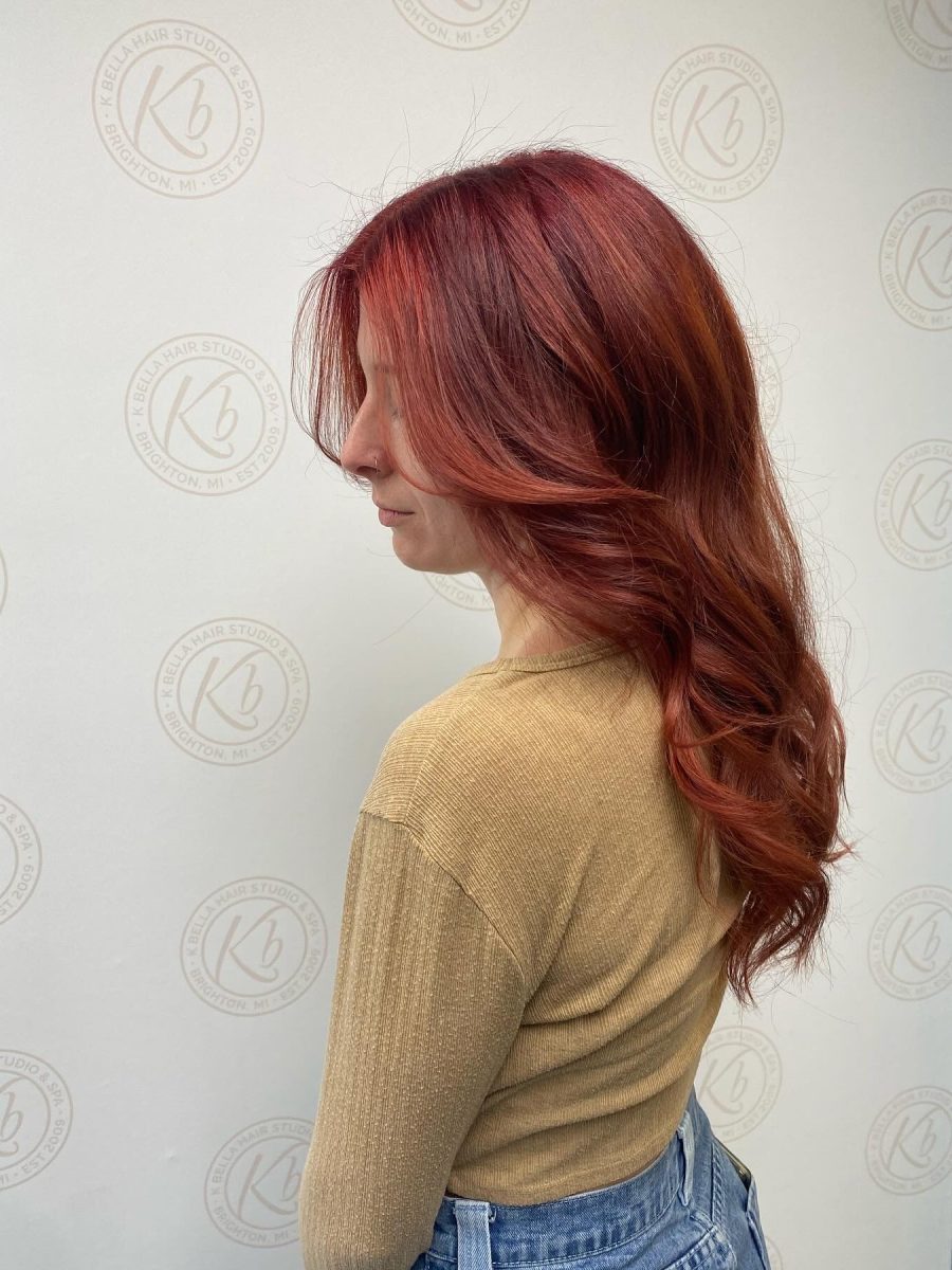 Custom Copper Red All Over Color With Long Layered Haircut by Abbey French at K Bella Hair Studio in Brighton, MI