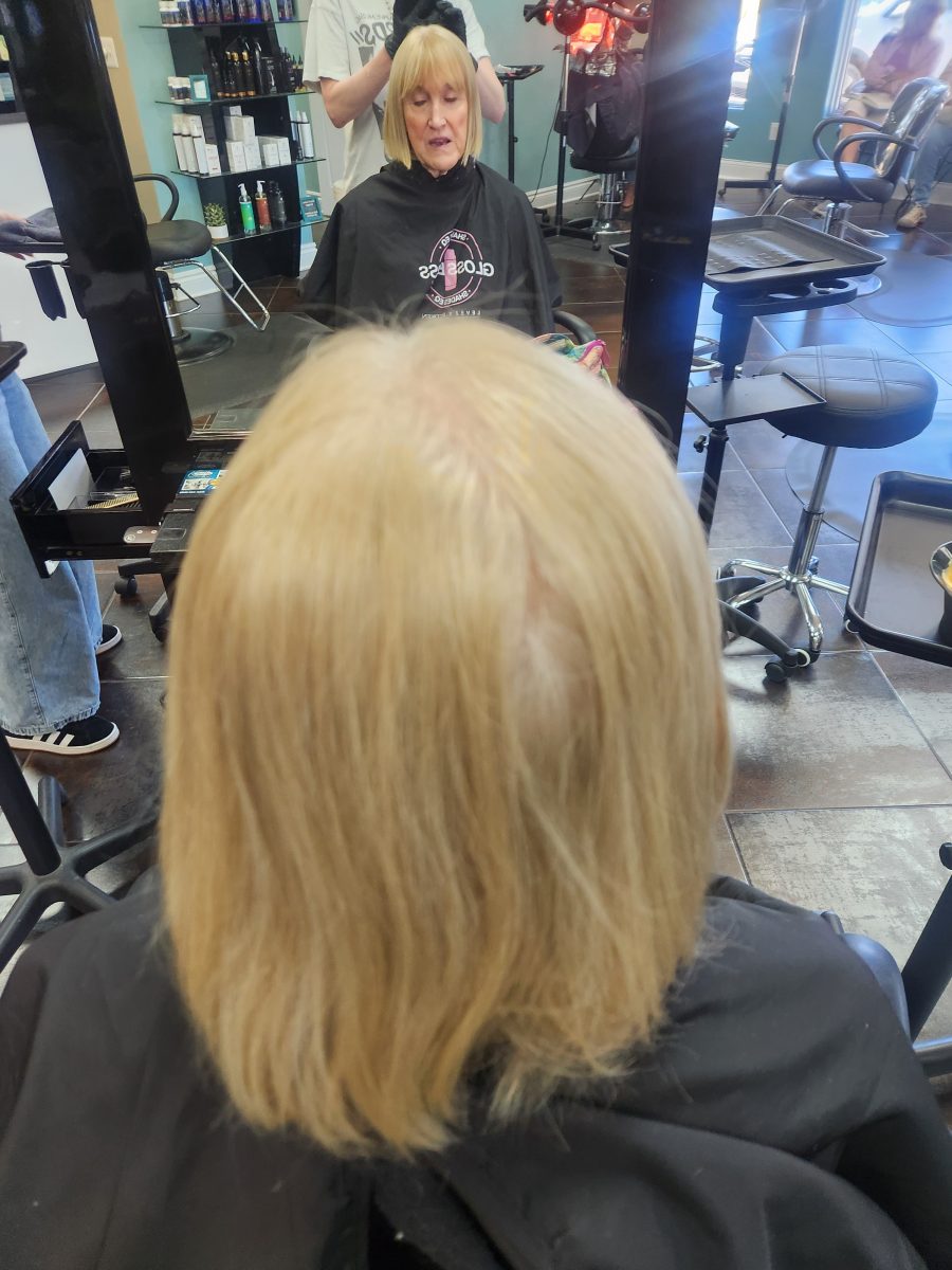 Back view of pale blonde hair mid-length, before color treatment by Siobhan Rozinski at K Bella Hair Studio & Spa in Brighton, MI