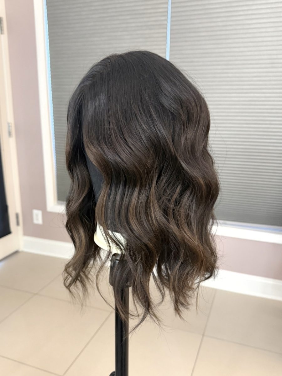 Sun-kissed balayage highlights paired with wig fitting by Kristan Sayers at K Bella Hair Studio & Spa in Brighton, MI