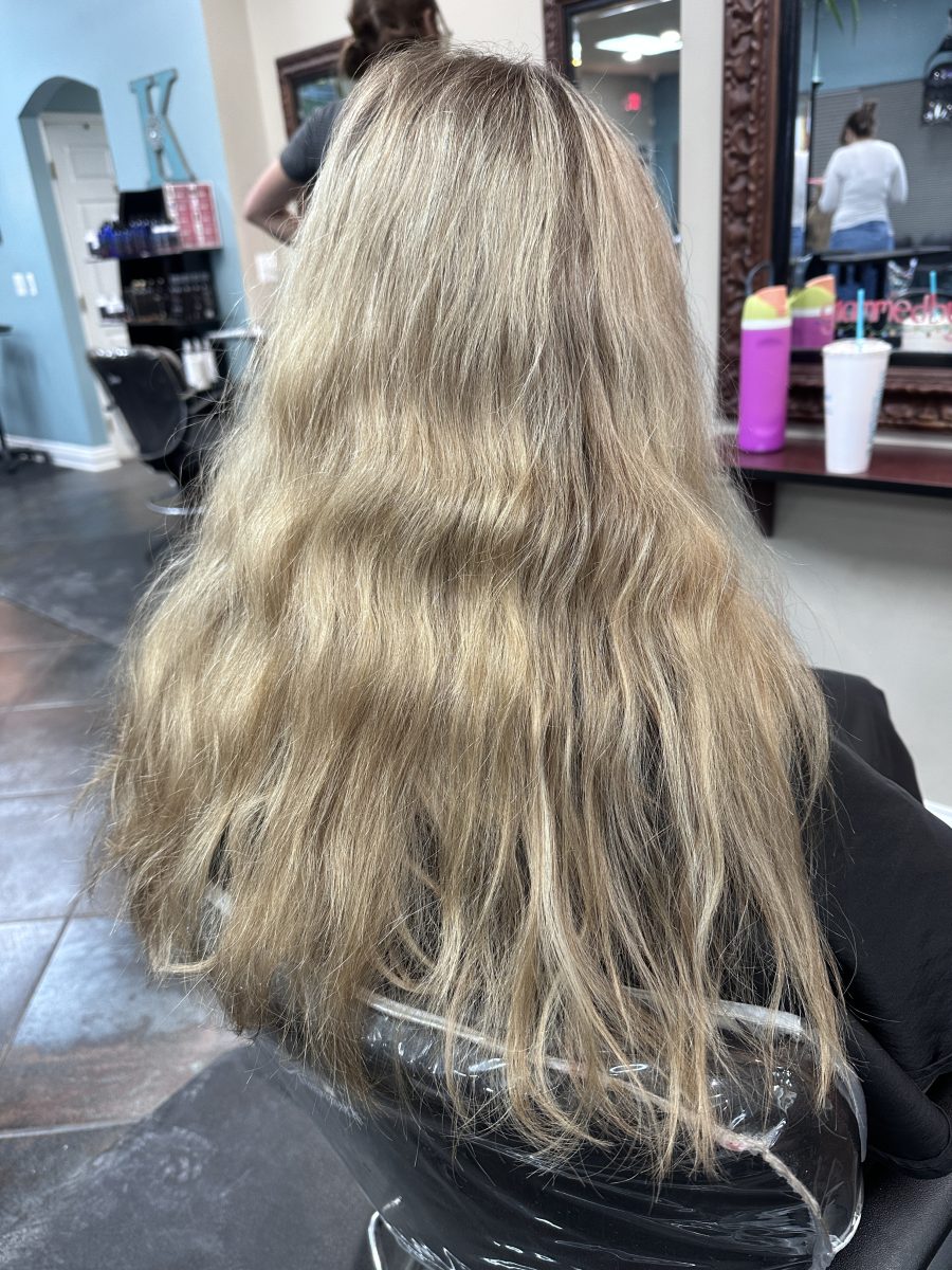 Grown out highlights to a dimensional brunette before treatment by Kameryn Bell at K Bella Hair Studio in Brighton, MI