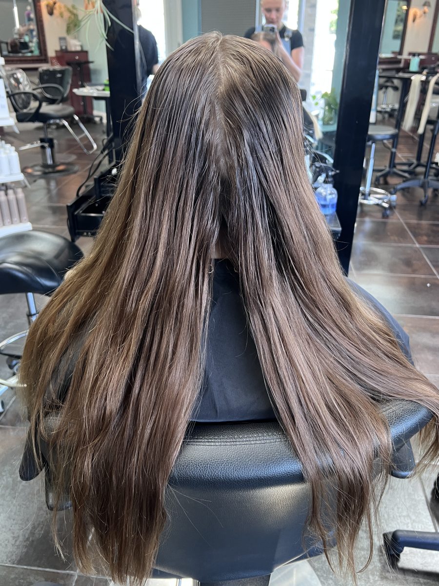 All over color and cut before treatment by Kathryn McGinty at K Bella Hair Studio & Spa in Brighton, MI