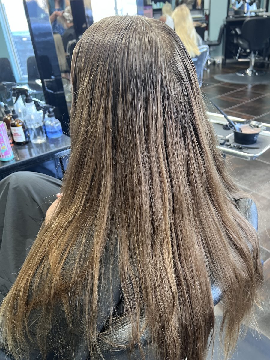 All over color and cut before treatment by Kathryn McGinty at K Bella Hair Studio & Spa in Brighton, MI