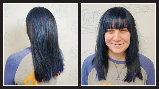 Blue Black Hair Color & Bright Blue Highlights w/ a Fringe & Layers - By Kristan Sayers | K Bella - Brighton, MI
